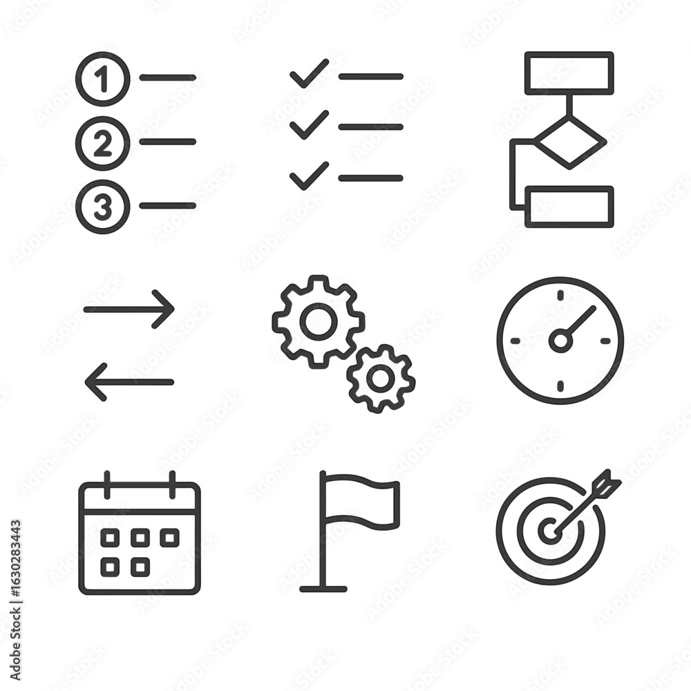 Poster process icon set. outline icon set of step-by-step process: numbered steps, checklist, flowchart, ar