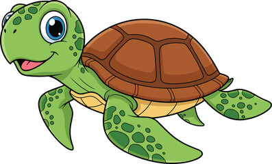  Cute Cartoon Sea Turtle Swimming — Green Turtle with Brown Shell and Big Blue Eyes for Kids, Ocean Themes, and Education