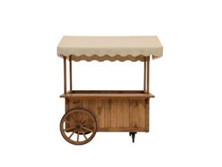 Shop cart vendor stand wooden market stall food kiosk mobile retail display for sale portable business booth cart on transparent background