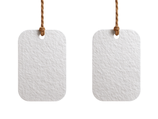 Two blank, textured, rectangular tags, hanging by light brown rope, against a white background