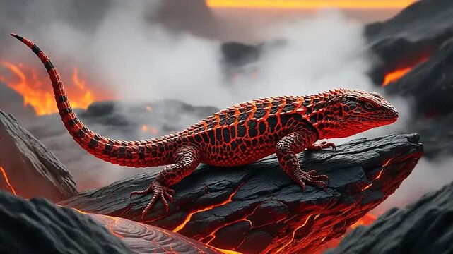 A vibrant lizard with striking orange patterns perched on dark volcanic rocks amidst a fiery landscape