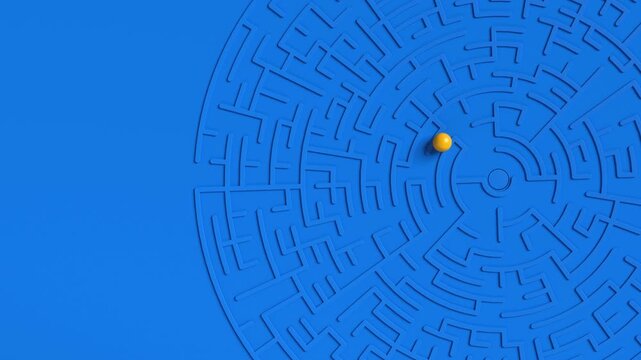 Labyrinth top view and yellow ball rolling to a center. Ball rolls through the blue labyrinth to exit. Top view of the maze with rolling yellow ball. Idea of finding solution, achieve goal.