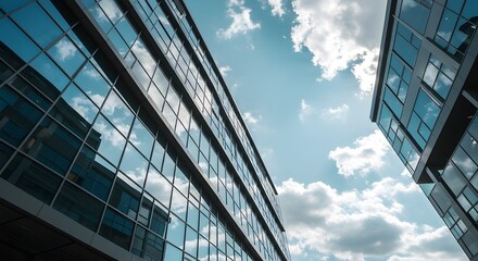 Modern office building with a glass facade reflecting the blue sky, viewed from below, showcasing contemporary architecture, corporate design, and a professional urban setting.