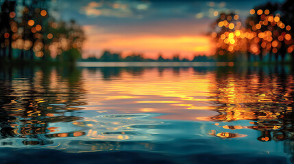 Beautiful sunset over calm water reflecting vibrant colors and distant trees during twilight in a serene natural landscape
