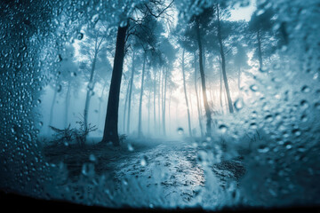 Misty forest landscape viewed through a rain-soaked window at dawn with soft sunlight breaking through the trees