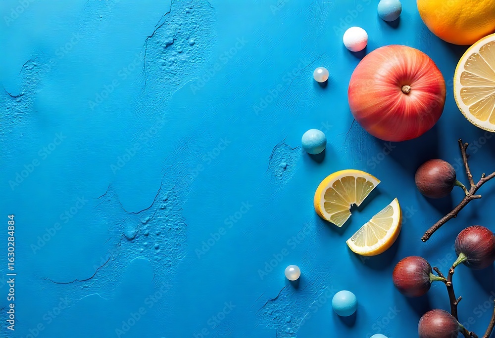 Poster generative ai citrus fruits and decorative spheres against an cyan textured background, creating a