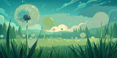 Whimsical dandelion field under a twilight sky