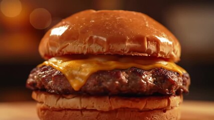 Close-up of a juicy cheeseburger with melted cheddar cheese on a wooden board in soft focus, perfect for food advertisements and culinary content showcasing mouthwatering meals