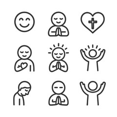 Psalm Emotion Icons. Outline icon set of psalm emotions: joy, peace, hope, gratitude, faith, praise, humility, reverence, worship.