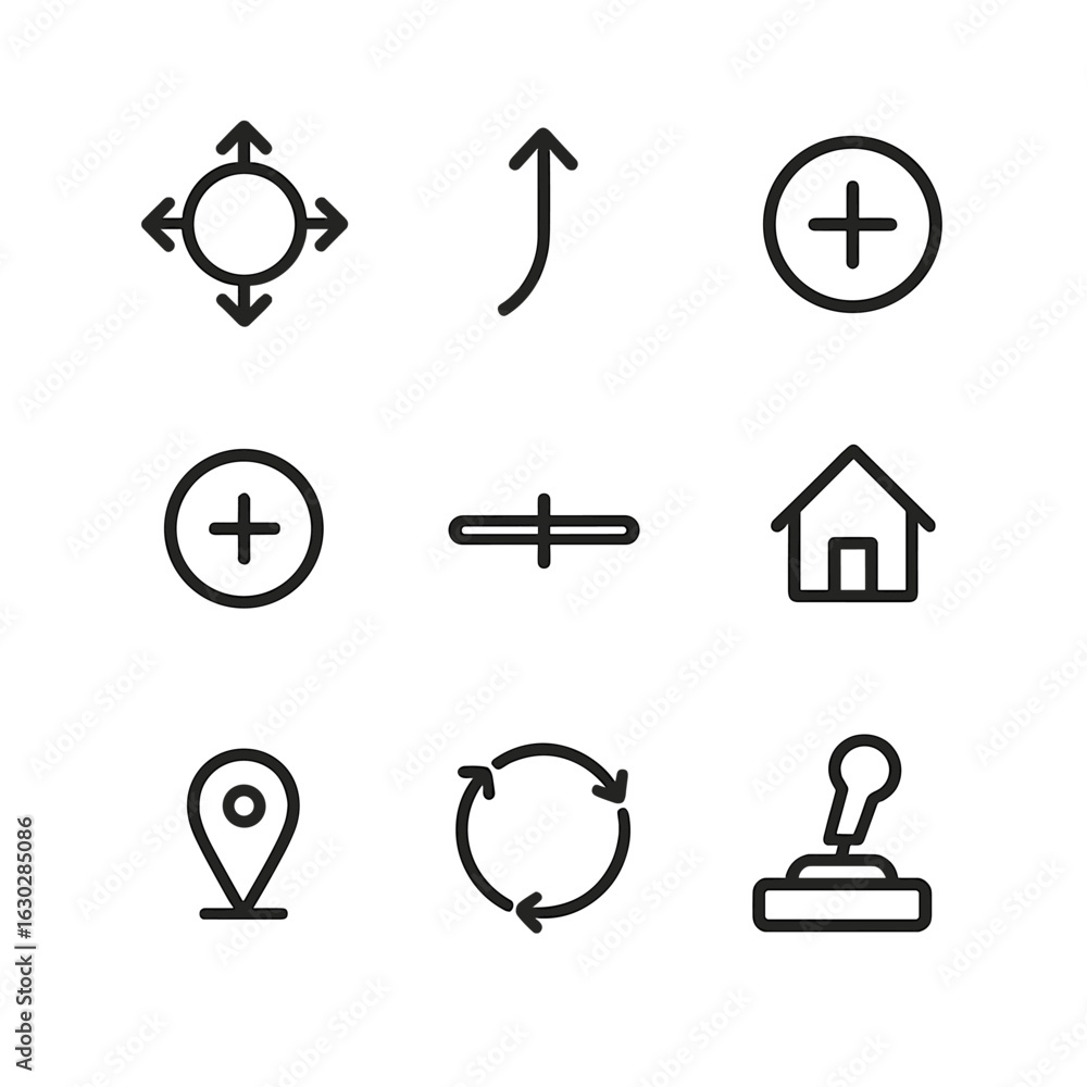 Poster ptz control icons. outline icon set of ptz controls and functions: pan arrow, tilt arrow, zoom in bu