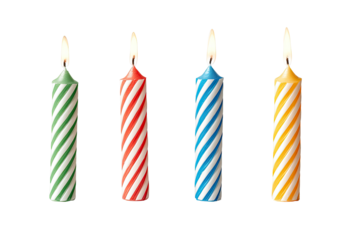 Four birthday candles, in green, red, blue, and yellow, with white striped patterns.  Each candle has a lit flame