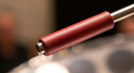Close-up of a steelpan drumstick striking the instrument's surface, creating a musical note.