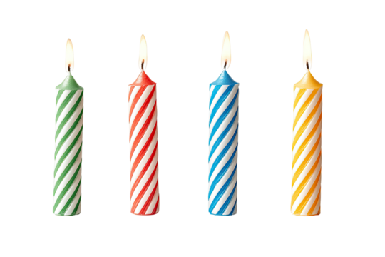 Four birthday candles, in green, red, blue, and yellow, with white striped patterns.  Each candle has a lit flame