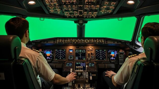 Two pilots sitting in the cockpit of a plane with a green screen view, The cockpit of an airplane and two pilots, ready for takeoff with a green screen view