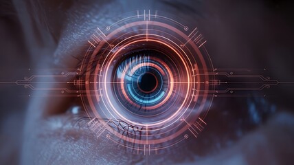 A human eye with a futuristic digital interface overlay