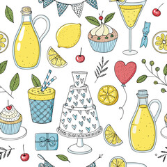 Whimsical Lemon Party Pattern with Treats and Decorations
