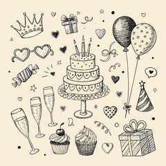 Hand drawn Birthday Party Elements Vector Illustration