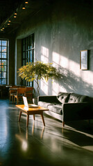 Cozy modern lounge with natural light streaming through large windows, featuring a stylish sofa and workspace in an urban setting