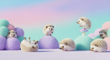 A Whimsical Gathering: Playful Hedgehogs in a Pastel Dreamscape of Fluffy Hills







