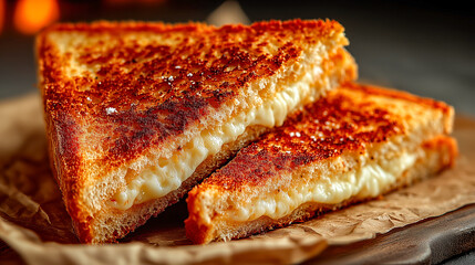 Deliciously toasted sandwich with melted cheese served on brown parchment in a warm setting