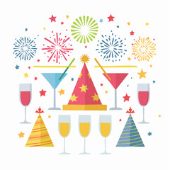 Obraz premium Festive celebration concept with party hats, cocktail glasses, and colorful fireworks.
