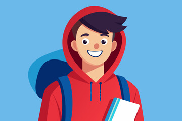 Smiling student in red hoodie with backpack and books