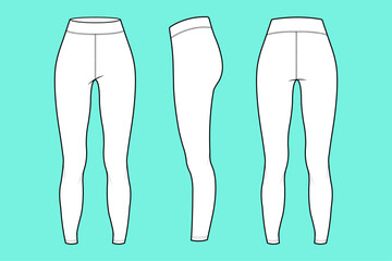Ladies Sportswear Running Tights Leggings Fashion Flat Sketch Vector Illustration Front Back and Side Views.	