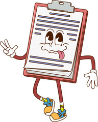 Groovy medical prescription character. Healthcare and medicine cartoon vintage groovy happy personage. Pharmacy prescription, clinic diagnosis or medical insurance document or clipboard cute character