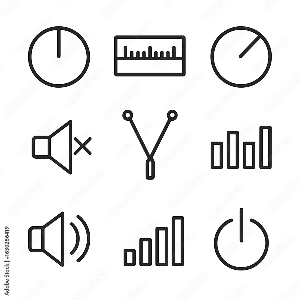 Poster radio icon set. outline icon set of radio tuning and controls: tuning dial, frequency spectrum, volu