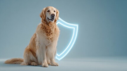 Golden retriever dog sits in front of a glowing shield on blue background.
