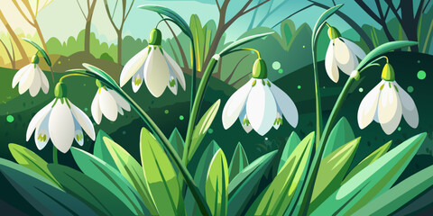 Delicate white snowdrops bloom in a lush green forest setting