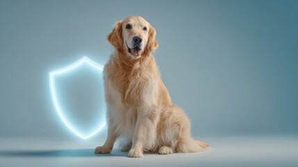 Golden retriever dog sits in front of a glowing blue shield on background.