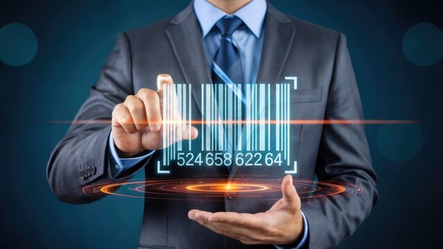 Professional businessman interacts with glowing digital barcode for modern retail and inventory management solutions