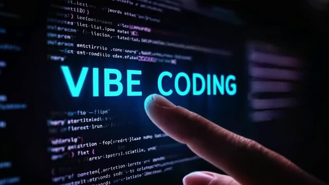 A finger about to press a button with vibe coding set against a background of digital code, symbolizing vibe coding, low code, coding programs