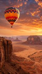 Naklejka premium Hot air balloon floats over desert landscape at sunrise