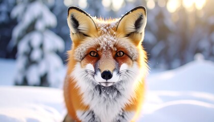 Fototapeta premium Captivating gaze of a red fox amidst a snowy wonderland winter portrait scene