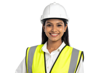 Female construction worker wearing a white hard hat and yellow reflective safety vest