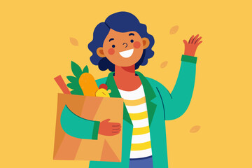 Happy person holding a grocery bag with fresh produce