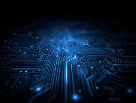 Abstract glowing blue circuit board pattern on a dark background.