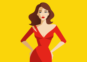 Stylish woman in a red dress against a bright yellow background