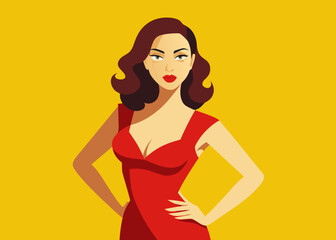 Glamorous woman in a red dress on a yellow background