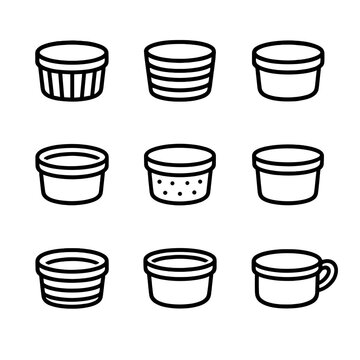 Ramekin Icon Set. Outline icon set of ramekin materials: ceramic ramekin, glass ramekin, porcelain ramekin, stoneware ramekin,