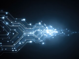 Abstract glowing circuit board design on a dark background suggesting technology.
