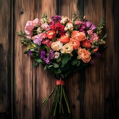 Beautiful bouquet of colorful flowers on a rustic wooden table top