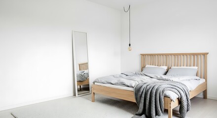 Minimalist Bedroom Interior with Wooden Bed and Blanket in White Room