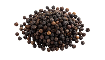 Pile of whole black peppercorns on a white background