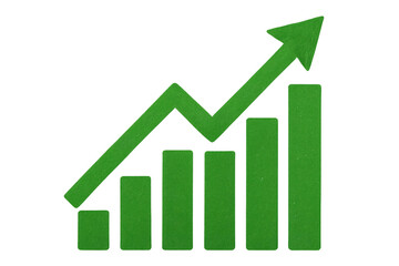 Green ascending arrow and bar graph displaying financial growth on transparent backdrop, signaling positive business performance and investment advancement