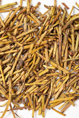 top view herb MiMaHuang or honey-fried Ephedra or Ephedra sinica stir-fried with honey at vertical composition