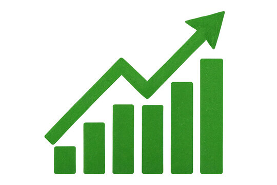 Green ascending arrow and bar graph displaying financial growth on transparent backdrop, signaling positive business performance and investment advancement