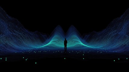 Silhouette figure in a digital landscape.  Dark space, teal & blue light-streaked, wavy structures, small glowing points